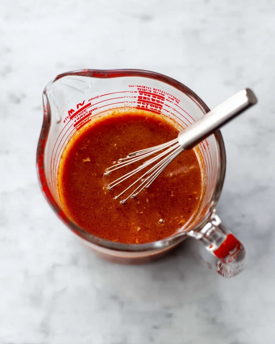 A clear glass measuring cup filled with a reddish-brown sauce that has a smooth, slightly chunky texture, with small bits visible inside, sitting on a white marbled surface. A small, silver whisk with thin wires rests inside the measuring cup, partially submerged in the sauce. The measuring cup has red measurement markings and a handle on the right side. Photo taken with an iphone --ar 4:5 --v 7