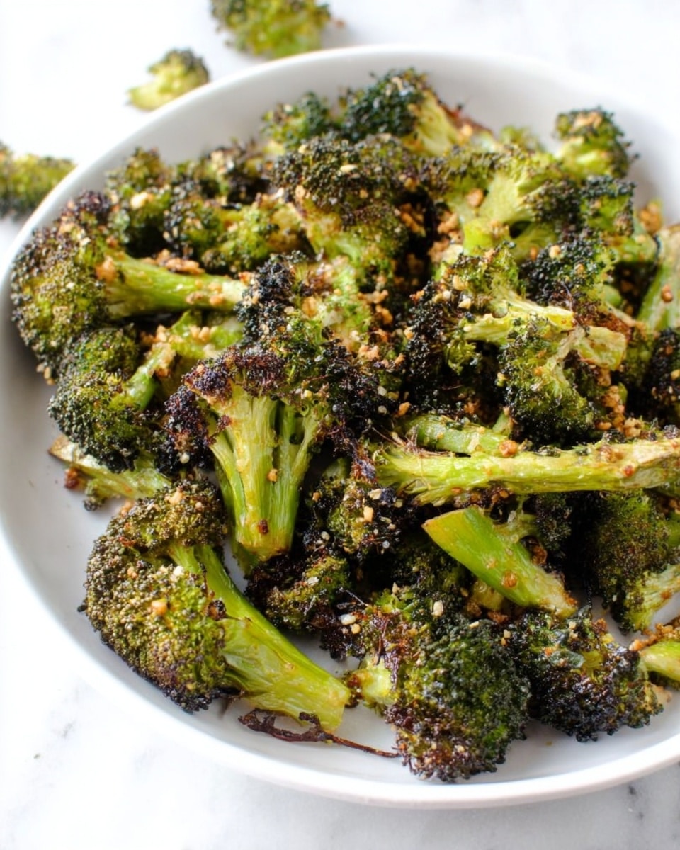 A white plate filled with many small broccoli pieces that are roasted, showing a mix of bright green and browned edges with a slightly crispy texture. The broccoli tops are dark green with specks of light brown from roasting, and some small bits of crunchy, light-colored seasoning are scattered on top. The plate is on a white marbled surface with a few loose broccoli pieces in the background. Photo taken with an iphone --ar 4:5 --v 7