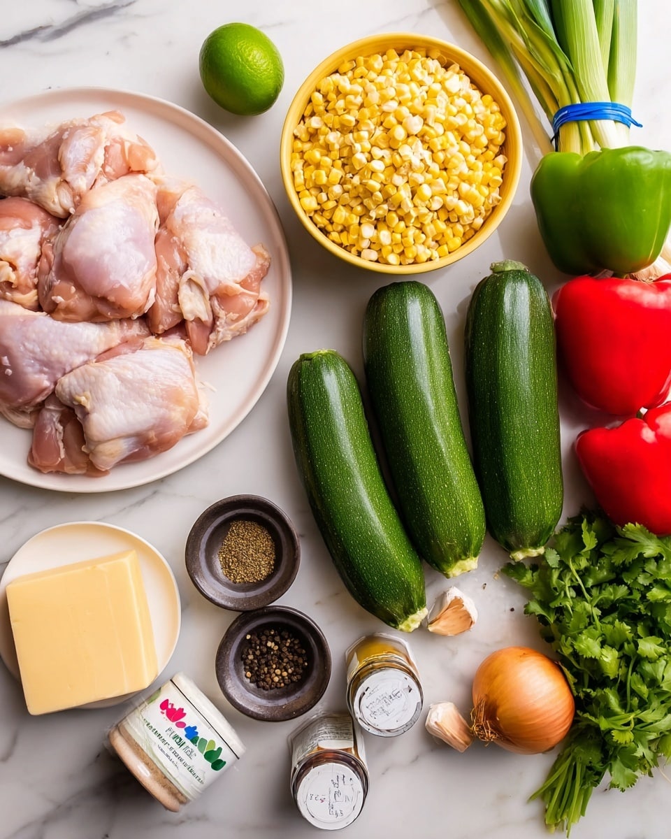 The image shows raw chicken pieces placed on a white plate on the left side, with a block of marbled yellow and white cheese below them. To the right of the chicken are four whole green zucchinis stacked together horizontally, a small green lime, and a yellow bowl filled with corn kernels placed above the zucchinis. On the top right corner, there are vibrant red and green bell peppers and a bunch of green onions tied with a blue band. Below the peppers and zucchinis, there is a bunch of fresh green cilantro. On the bottom right, a whole brown onion and three cloves of garlic sit next to the cilantro. Two small round dishes with black pepper and pink salt are placed in front of the chicken plate, and next to those are two spice jars with dark contents and a white canister with a colorful label. All the items rest on a white marble-textured surface. Photo taken with an iphone --ar 4:5 --v 7