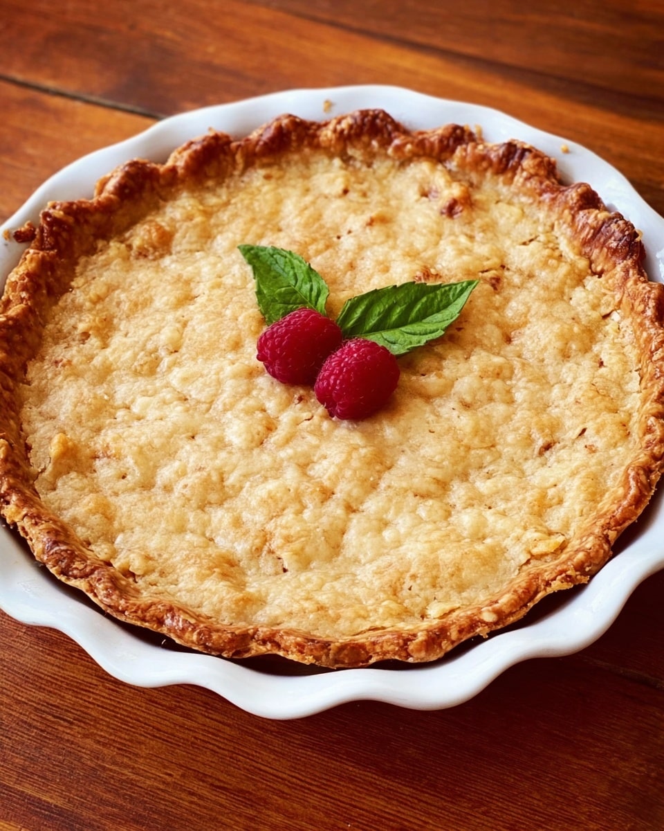 A golden-brown pie in a white scalloped pie dish sits on a brown wooden table. The pie crust has a slightly rough texture with small uneven patches, giving it a rustic look. The edges of the crust are crimped in a wavy pattern, creating a decorative border. At the center of the pie, two bright red raspberries sit on top of the crust, accompanied by three small fresh green leaves arranged neatly. The overall look is warm and inviting, with the pie filling hidden under the crust. The pie dish and background surface have a clean and simple appearance. photo taken with an iphone --ar 4:5 --v 7