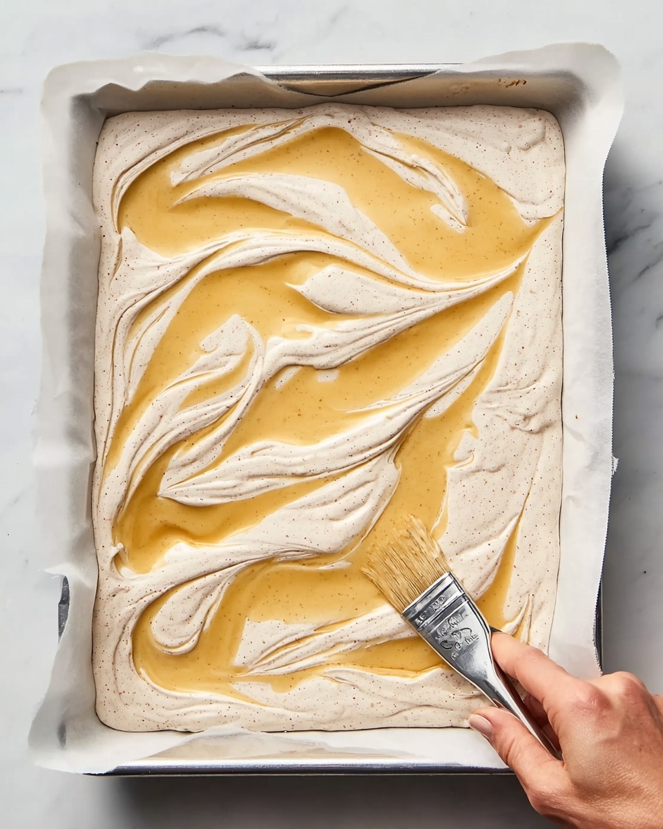 A baking tray lined with white parchment paper holds a creamy light beige mixture spread evenly, with visible specks throughout giving it a textured look. On top of this mixture, smooth swirls of a thick, golden yellow sauce are spread gently, creating an artistic pattern across the surface. A woman's hand is visible on the right side holding a brush that is being used to spread the yellow sauce over the beige layer. The background shows a white marbled texture surface. photo taken with an iphone --ar 4:5 --v 7