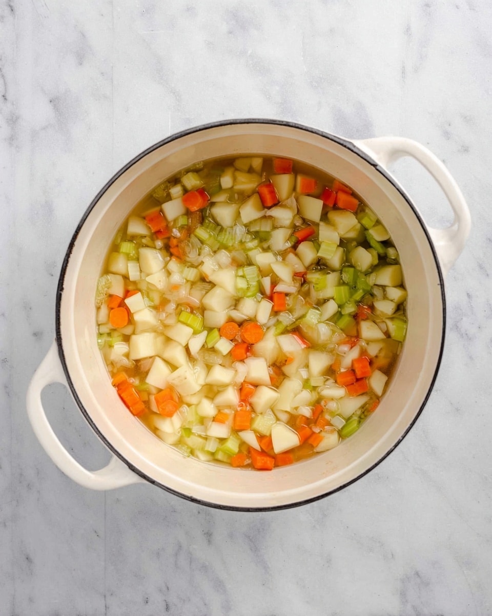 A white pot is filled with chopped vegetables in a clear liquid, sitting on a white marbled surface. The vegetables inside the pot include light beige potato pieces, small orange carrot pieces, pale green celery pieces, and white onion pieces, all mixed together evenly. The pot has two side handles, and the inside of the pot is a light cream color. photo taken with an iphone --ar 4:5 --v 7