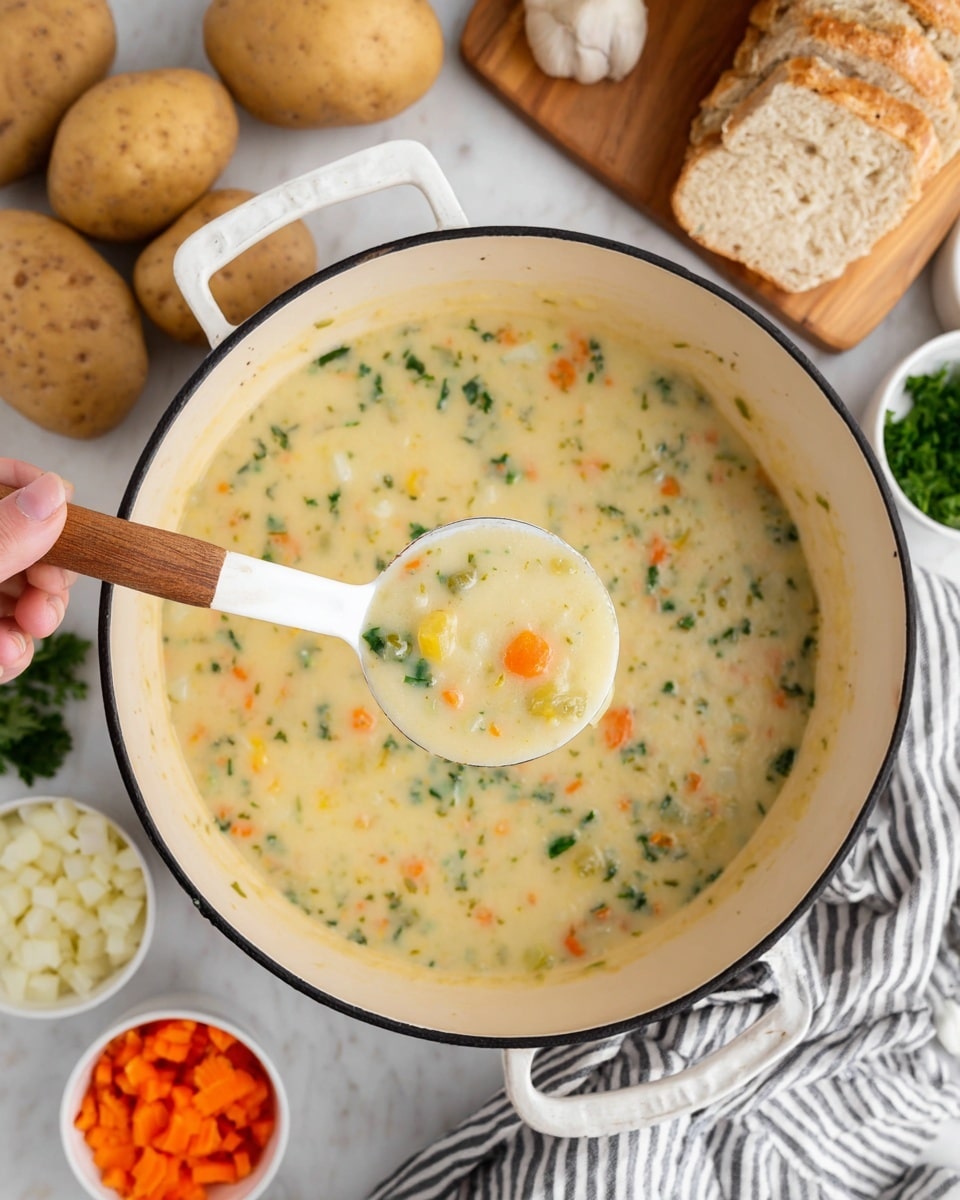 A close-up view of a large white pot filled with creamy vegetable soup, showing a smooth texture with visible small chunks of orange carrots, green herbs, and light potato bits spread evenly throughout. A white spoon with a wooden handle is held above the pot by a woman's hand, lifting a thick spoonful of the soup that highlights the colorful mix. Around the pot, raw whole potatoes are placed on the white marbled surface, along with small white bowls containing diced carrots, onions, and celery. A striped cloth and a wooden board with sliced bread are also visible in the background, adding to the cozy kitchen setting. photo taken with an iphone --ar 4:5 --v 7