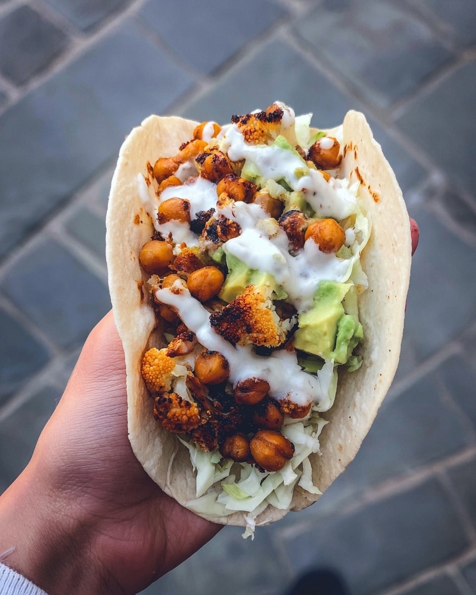 A woman’s hand holds a soft light beige flat tortilla filled with layers of food. At the bottom, there is shredded white cabbage, above it are roasted chickpeas that are golden brown with some darker charred spots. Mixed in are roasted cauliflower pieces, also showing a charred texture with dark brown edges. Scattered among these are chunks of bright green avocado. Drizzled on top is a white sauce that lightly covers the roasted veggies and chickpeas. The photo is taken outdoors against a blurred gray tiled ground. photo taken with an iphone --ar 4:5 --v 7