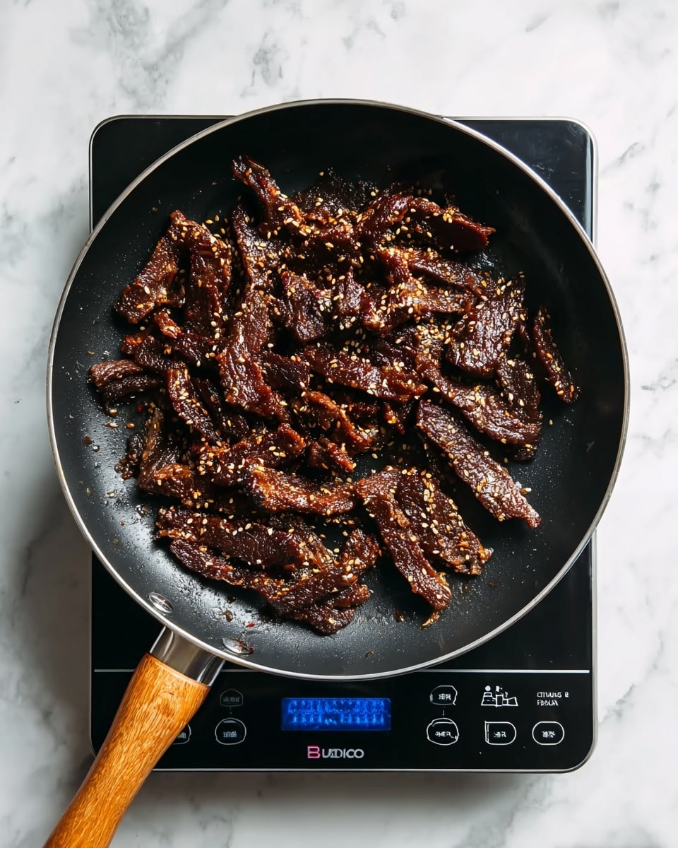 The image shows a black frying pan with a wooden handle filled with cooked dark brown strips of meat that have a slightly glossy and textured surface with small sesame seeds sprinkled on top. The pan sits on a black electric induction stove with buttons and a blue digital display screen. The surface under the stove is white with a marbled texture, giving a clean and bright background to the cooked meat and the pan. photo taken with an iphone --ar 4:5 --v 7