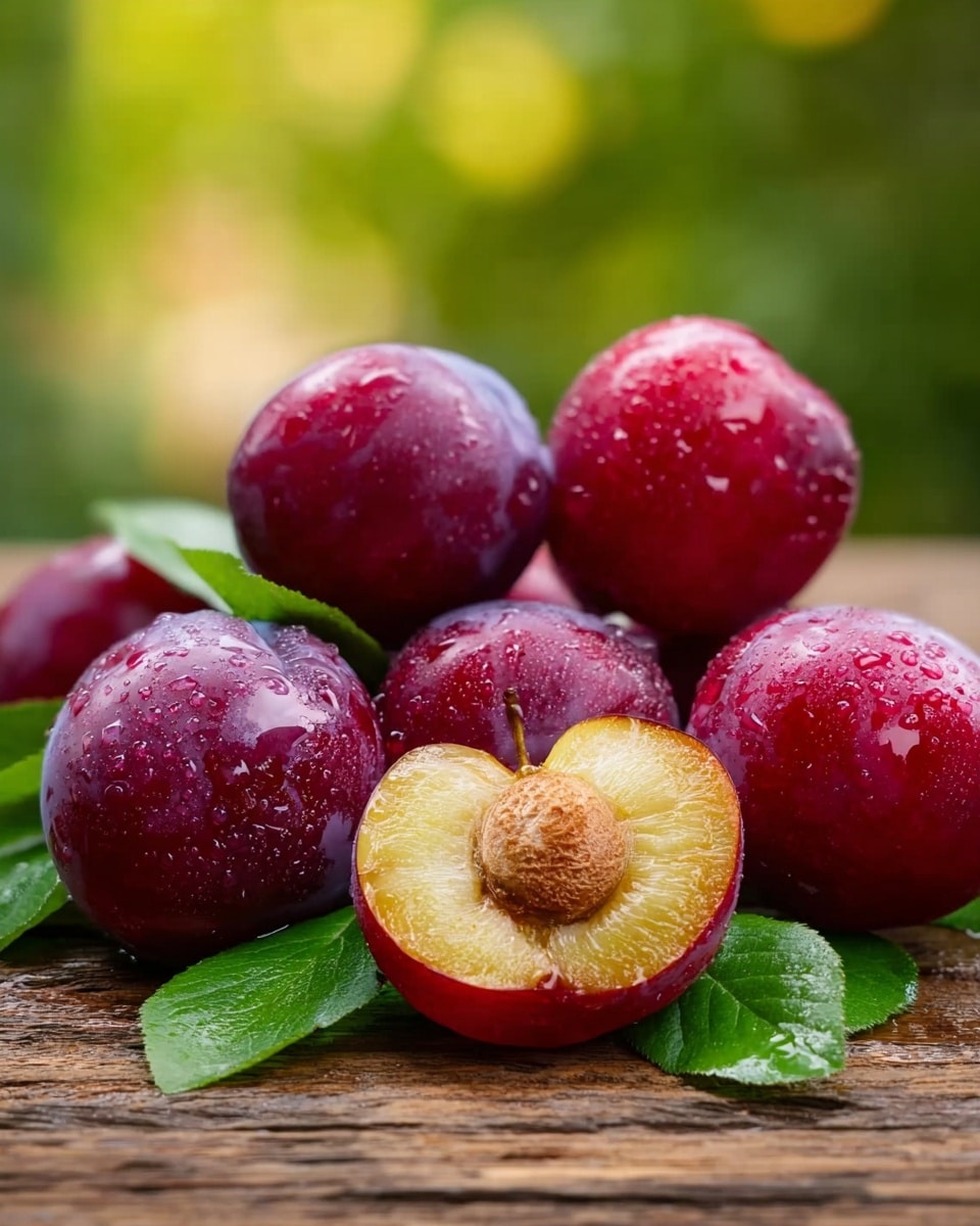 A group of six plums sits on a wooden surface with water drops on their smooth, deep red skins, showing freshness. One plum is cut in half in the front, revealing its yellowish inner flesh and a brown seed in the center. Bright green leaves are spread under and around the plums, and the background is out of focus with soft green and yellow tones, suggesting a natural outdoor setting. photo taken with an iphone --ar 4:5 --v 7