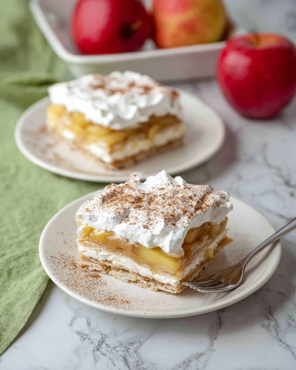 The image shows two pieces of a layered dessert on white plates, placed on a white marbled surface. Each piece has at least three visible layers: the bottom layer is a light brown, flaky biscuit or crust, followed by a thick layer of cooked, soft apple filling with a golden yellow color. Above this is another biscuit or crust layer, topped with a thick white whipped cream layer dusted lightly with brown cinnamon powder. In the background, there are three red apples and a white dish, with a green cloth partially visible. A silver fork is placed near the front piece on the right side. Photo taken with an iphone --ar 4:5 --v 7