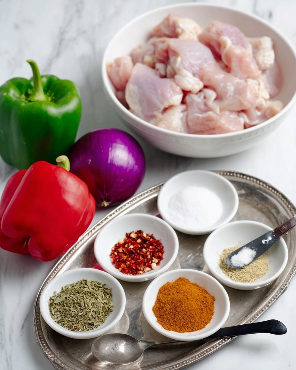 The image shows a white bowl filled with raw chicken pieces placed on a white marbled surface. Nearby, there are three whole vegetables: a red bell pepper, a green bell pepper, and a purple onion. In front of these, a shiny silver tray holds five small white dishes, each containing different spices and ingredients: dried herbs, red chili flakes, chopped garlic and ginger, a mix of ground spices with turmeric, and a white powder measured in a black-handled spoon. The whole setup is arranged neatly with clear and bright colors, showing fresh and raw ingredients. Photo taken with an iphone --ar 4:5 --v 7