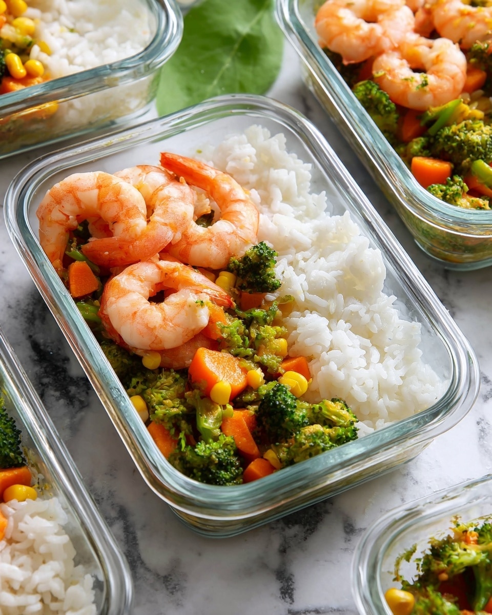 This image shows a clear glass meal prep container with three main layers inside. The bottom layer has cooked shrimp with a light orange-pink color and a slightly shiny texture. Above the shrimp, there is a mix of vegetables including green snap peas, broccoli florets, small yellow corn pieces, and bright orange carrot chunks, all with a slightly soft, cooked look. On top of the vegetables, there is a mound of white fluffy rice with separate grains visible. The container is placed on a white marbled surface. photo taken with an iphone --ar 4:5 --v 7