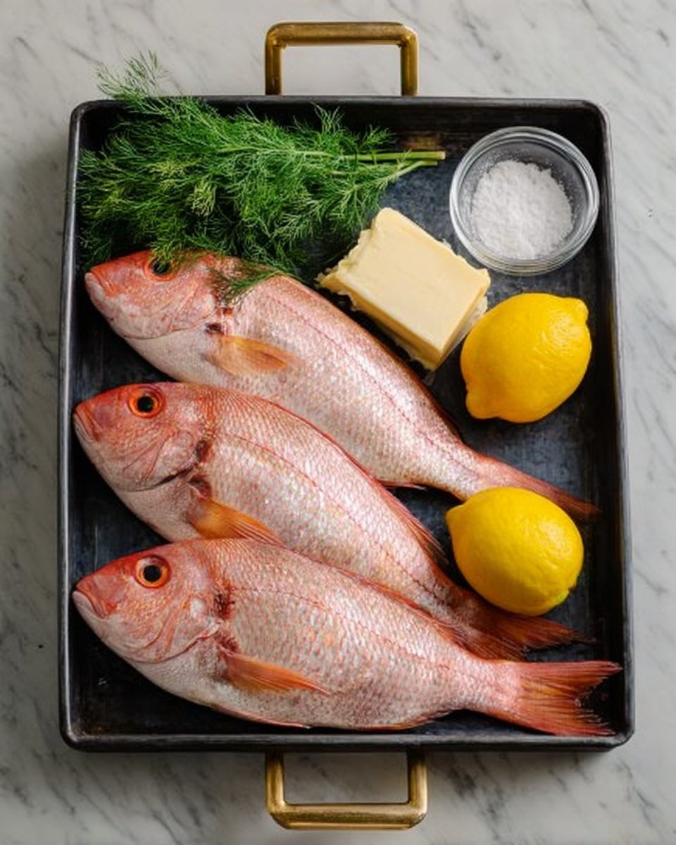 The image shows a black metal tray with two gold handles on a white marbled surface. Inside the tray, there are four raw whole red fish arranged in two rows, two on top near the upper right corner and two below them. To the left of the fish, there is a small bunch of fresh green dill, a block of pale yellow butter, and two bright yellow lemons. In the top right corner of the tray, there is a small clear glass bowl filled with a white powder, likely seasoning. The photo taken with an iphone --ar 4:5 --v 7