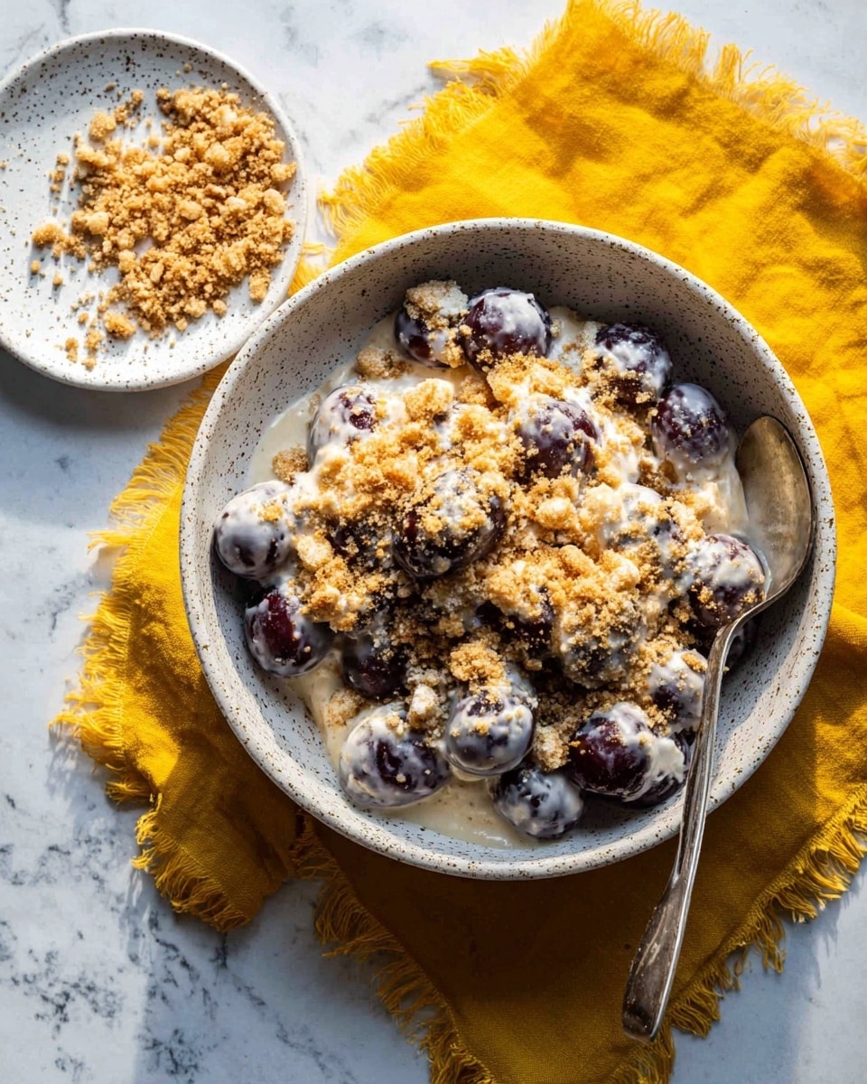 A large white speckled bowl filled with a creamy mix of dark purple grapes covered in a thick white sauce, topped with a light brown crumbly nut mixture sprinkled evenly on top. A silver spoon rests inside the bowl on the right side. The bowl sits on a bright yellow cloth with fringed edges, placed on a white marbled surface. To the left, there is a small white speckled plate with more of the light brown crumbly topping scattered on and around it. photo taken with an iphone --ar 4:5 --v 7