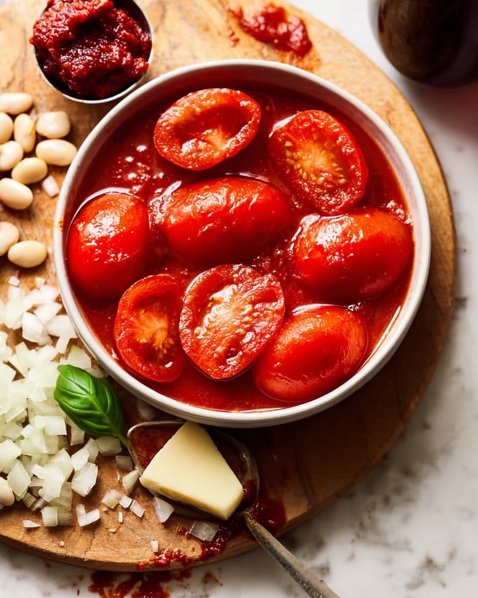 The image shows about eight tomato halves with their cut sides facing up, placed close together on a white marbled surface. The tomatoes are bright red with glossy, juicy interiors that have small seeds and visible juice. Some of the juices glisten with a light coating of oil and seasoning, giving a slight shine. There are also a couple of small garlic cloves nestled among the tomato halves, with a light brownish color and smooth texture. The whole arrangement appears ready for roasting or cooking. Photo taken with an iphone --ar 4:5 --v 7