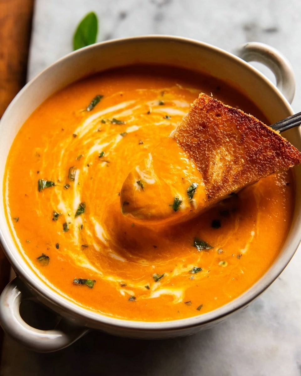 A crispy, golden brown grilled cheese sandwich is held by a woman's hand, dipping into a bowl filled with rich, creamy orange tomato soup with white cream swirls and small green herb pieces on top. The bowl is white with a dark rim and sits on a wooden surface with fresh green basil leaves in the background, all against a white marbled texture. photo taken with an iphone --ar 4:5 --v 7
