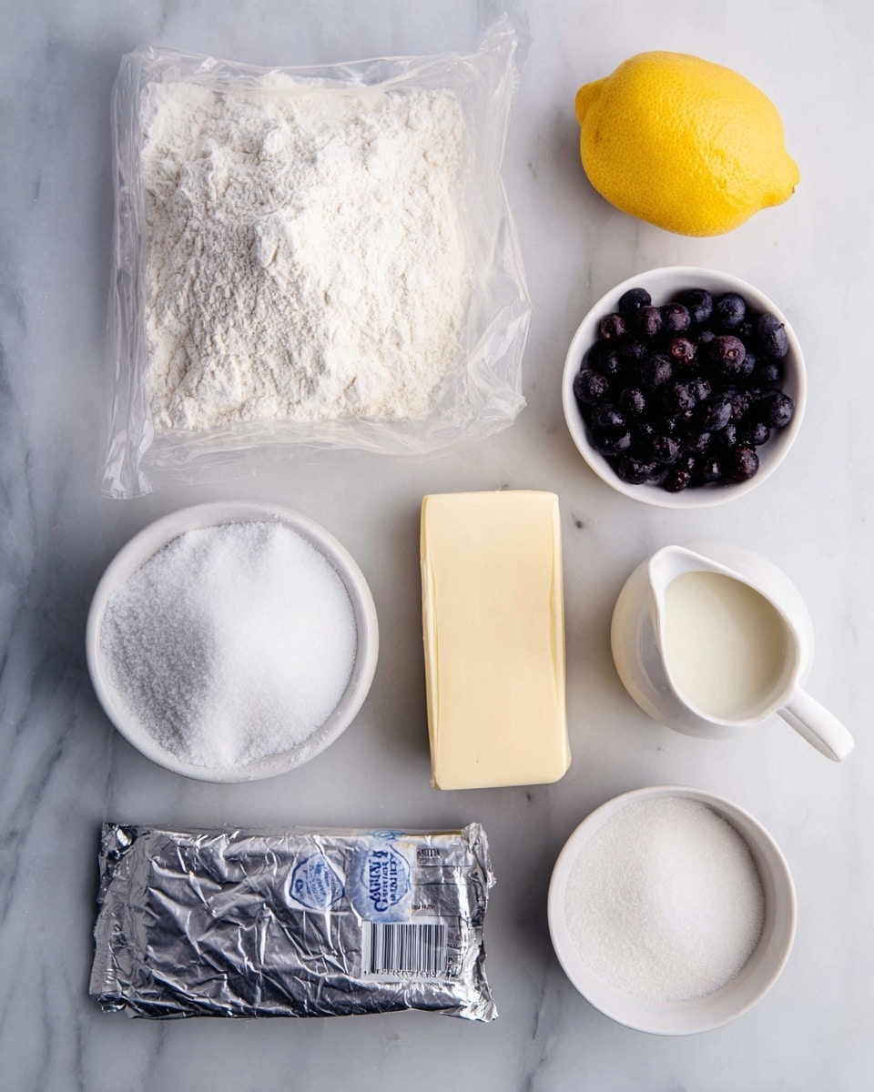 The image shows baking ingredients neatly arranged on a white marbled surface. There is a clear plastic bag filled with white flour on the left, next to a whole yellow lemon. Above these are two small white bowls, one filled with white powdered sugar and the other with dark frozen blueberries. To the right center is a rectangular stick of pale yellow butter, below that an open silver foil packet with cream cheese partially exposed. Near the bottom center is a white bowl filled with white granulated sugar, and slightly above that a small white pitcher containing cream or milk. The lighting is soft and bright, highlighting the textures and colors clearly. Photo taken with an iphone --ar 4:5 --v 7
