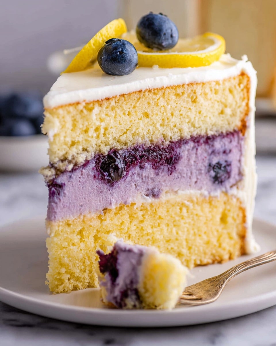 A slice of cake is lifted by a spatula showing three layers: the bottom and top layers are light yellow sponge cake with a soft, slightly crumbly texture, and the middle layer is thick, smooth purple cream filling. The entire cake, including the top and sides, is covered with a thick, light beige frosting, spread smoothly but with some gentle swirls for texture. The cake sits on a white plate on a white marbled surface. Photo taken with an iphone --ar 4:5 --v 7