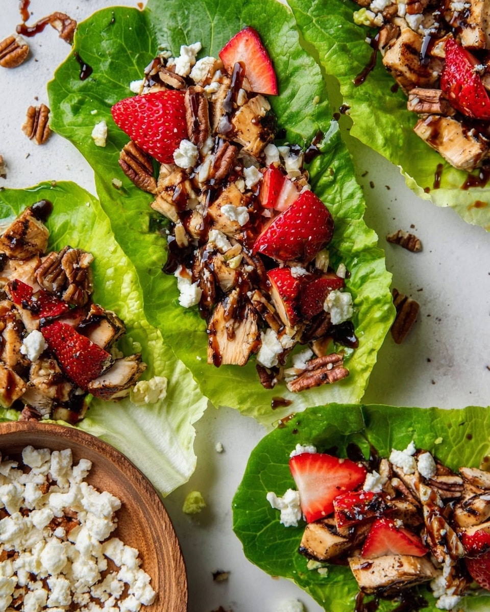 The image shows three green lettuce leaves laid flat on a white marbled surface, each holding a colorful mix of ingredients. On top of the leaves are small pieces of grilled chicken with a golden brown color and grill marks, bright red sliced strawberries, and scattered chunks of white cheese. There are also pieces of pecans adding texture, and a dark balsamic glaze drizzled over everything, creating a shiny contrast. In the bottom left corner, part of a round wooden bowl filled with more white cheese and some pecans is visible. The dish looks fresh and vibrant with a mix of colors and textures that stand out against the green lettuce and white background. Photo taken with an iphone --ar 4:5 --v 7