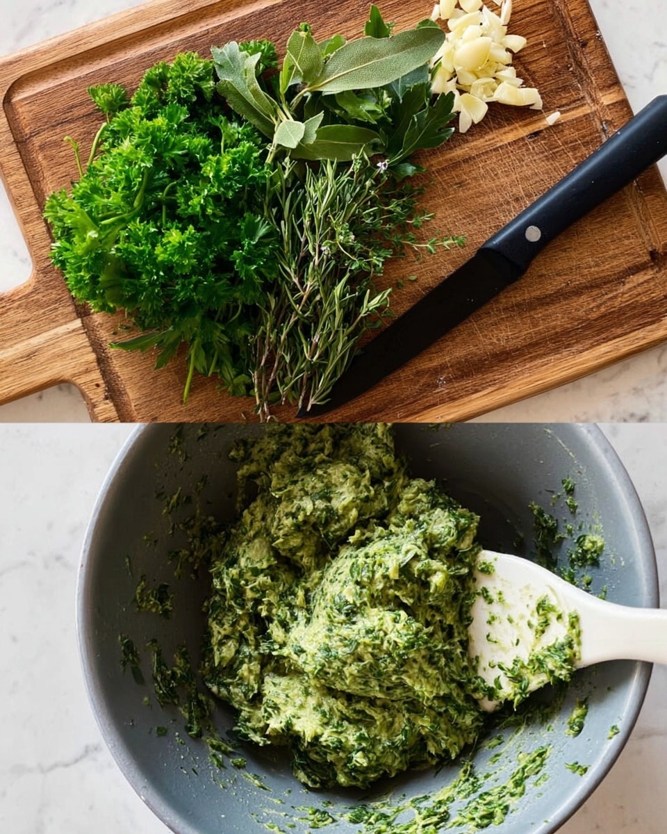 The first image shows a wooden cutting board with a black knife laying flat on the right side; on the left side, there are fresh green herbs including parsley, thyme, bay leaf, and rosemary, all grouped together, with finely chopped garlic placed at the top right near the knife. The second image shows a gray bowl filled with a thick green herb mixture that looks like a paste, with bits of herbs visible, and a white spatula resting inside the bowl, covered slightly with the same mixture, the inside of the bowl also showing herb bits stuck to its sides. The scene is set on a white marbled surface. Photo taken with an iphone --ar 4:5 --v 7