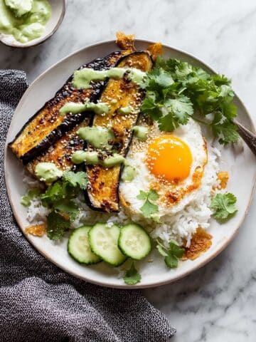 Crispy Rice Bowl with Browned Butter Sweet Potatoes and Herby Green Tahini Recipe