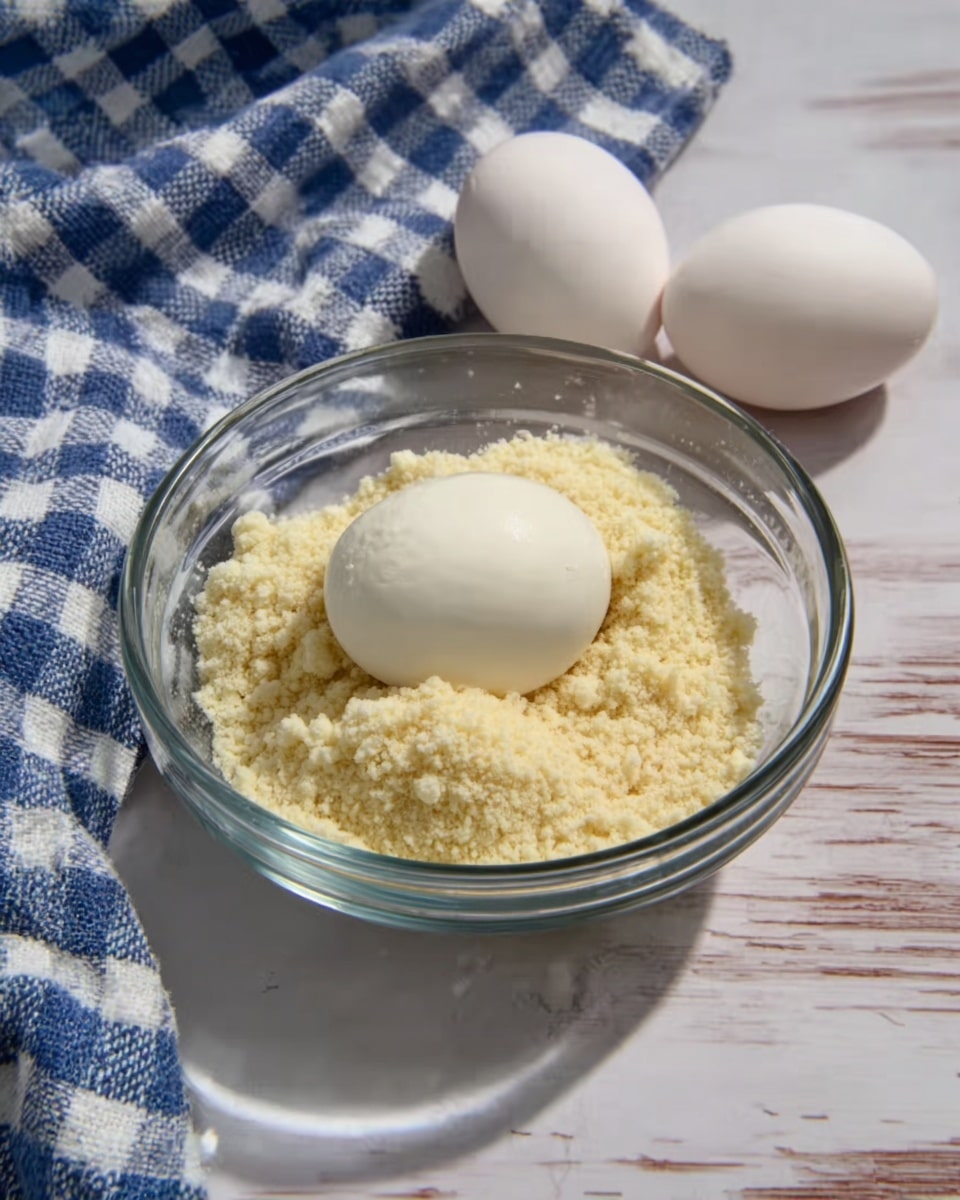 A clear glass bowl holds a light yellow crumbly mixture with a single white round ball of soft cheese or cream on top, sitting on a white marbled surface. Next to the bowl are two clean white eggs resting side by side. In the background, there is a folded blue and white checkered cloth adding a soft texture contrast. The setting is bright with natural light illuminating the details. photo taken with an iphone --ar 4:5 --v 7