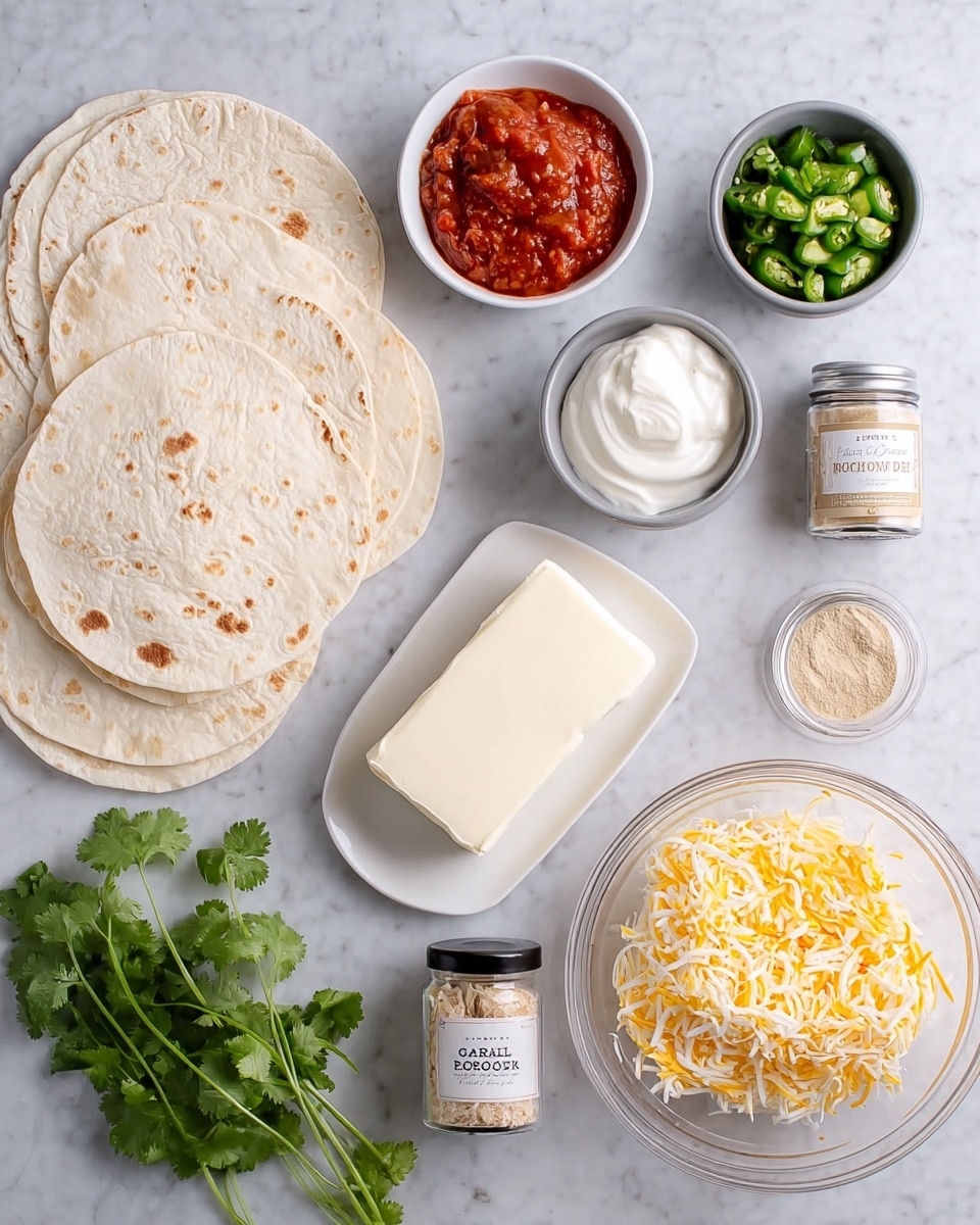 The image shows ingredients arranged neatly on a white marbled surface, including soft white tortillas stacked in two piles on the left and right sides. In small white bowls, one has a chunky red salsa, another has chopped green chilies, and a small gray bowl contains smooth white sour cream. A rectangular block of cream cheese with a smooth, creamy texture sits on a small white rectangular plate near the center. A glass bowl holds a mix of shredded yellow and white cheese with a slightly coarse texture. A tiny white bowl contains a light brown powder, and a glass jar labeled