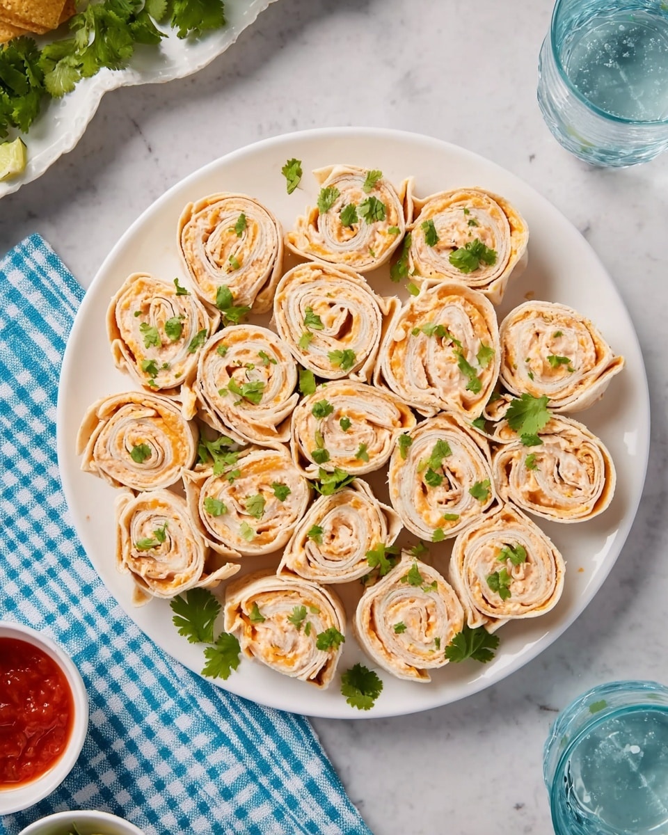 The image shows several pinwheel wraps arranged on a white plate with a white marbled background. Each wrap has three visible layers: a light beige tortilla outside, a creamy light orange layer with small yellow and green pieces inside, and green herbs scattered on top and around the plate. In the top part of the image, a small white bowl holds a red chunky sauce with visible bits of tomatoes and green herbs on top. The composition is close-up and bright with fresh and vibrant colors. photo taken with an iphone --ar 4:5 --v 7