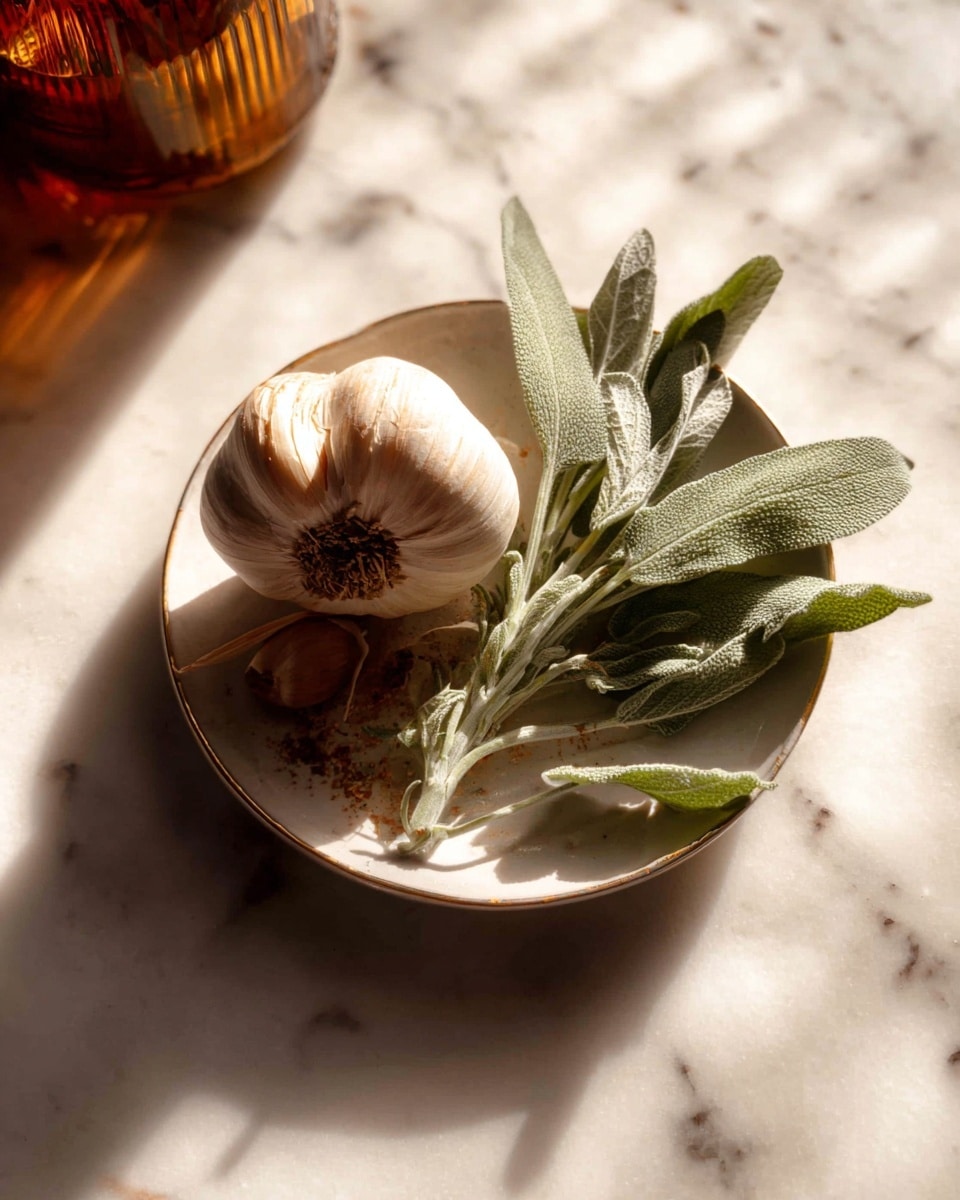 A small white ceramic plate holds one whole garlic bulb on the left side, with its tan outer skin slightly peeled back to show the cloves inside. On the right side of the plate, there is a small bunch of fresh sage leaves with soft, fuzzy green textures extending outward. The plate is placed on a white marbled surface with natural sunlight casting warm shadows across the scene. photo taken with an iphone --ar 4:5 --v 7