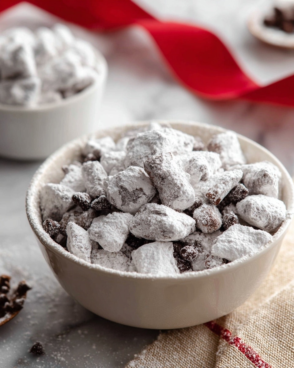 A white bowl filled with small, irregular-shaped pieces covered in white powdered sugar with dark brown chocolate chips mixed throughout; in the background, there is a small white bowl with powdered covered pieces blurred out and a textured beige cloth with a red edge on a white marbled surface. Photo taken with an iphone --ar 4:5 --v 7