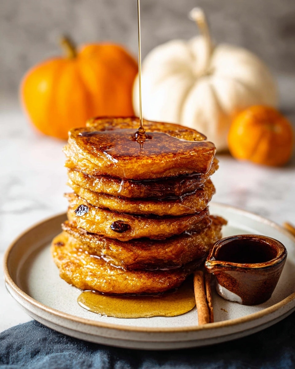 A stack of six golden brown pancakes with a slightly crispy texture and visible raisins is placed on a round white plate. Syrup is being poured from above, creating a shiny, sticky layer that drips down the sides of the pancakes. To the right of the stack, there is a small brown cup holding a cinnamon stick. In the blurred background, two pumpkins, one white and one orange, sit on a white marbled surface. photo taken with an iphone --ar 4:5 --v 7