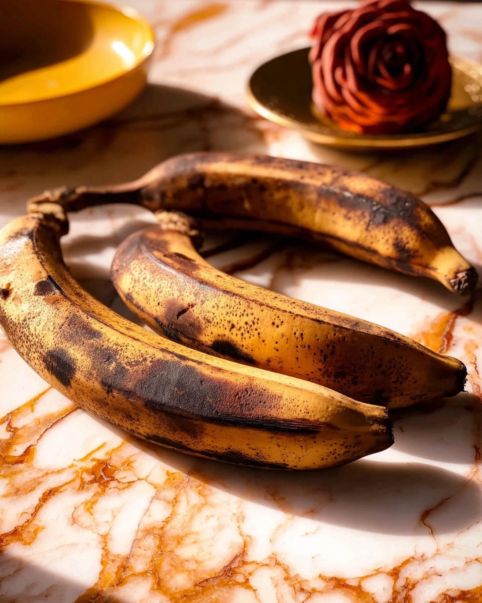 The image shows four ripe plantains with dark brown and black spots on their skins, laid out diagonally on a white marbled surface with orange and brown streaks. In the background, there is a small yellow bowl containing a reddish-brown rose-shaped item, slightly blurred. The lighting casts warm shadows, highlighting the textures and coloration of the plantains and the marbled surface. photo taken with an iphone --ar 4:5 --v 7