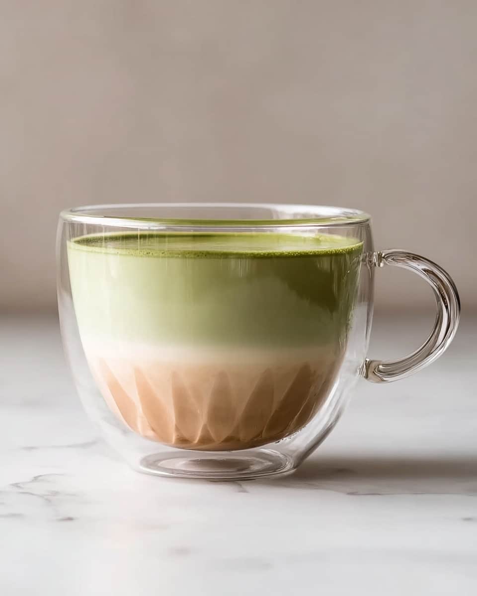 The image shows a clear glass cup with a handle, filled with a two-layer drink. The bottom layer is light brown and creamy, making up about one-third of the cup. The top layer is a smooth, green liquid filling the remaining two-thirds, creating a soft contrast between the colors. The cup is placed on a white marbled surface with a soft white background, giving a clean and calm look. Photo taken with an iphone --ar 4:5 --v 7