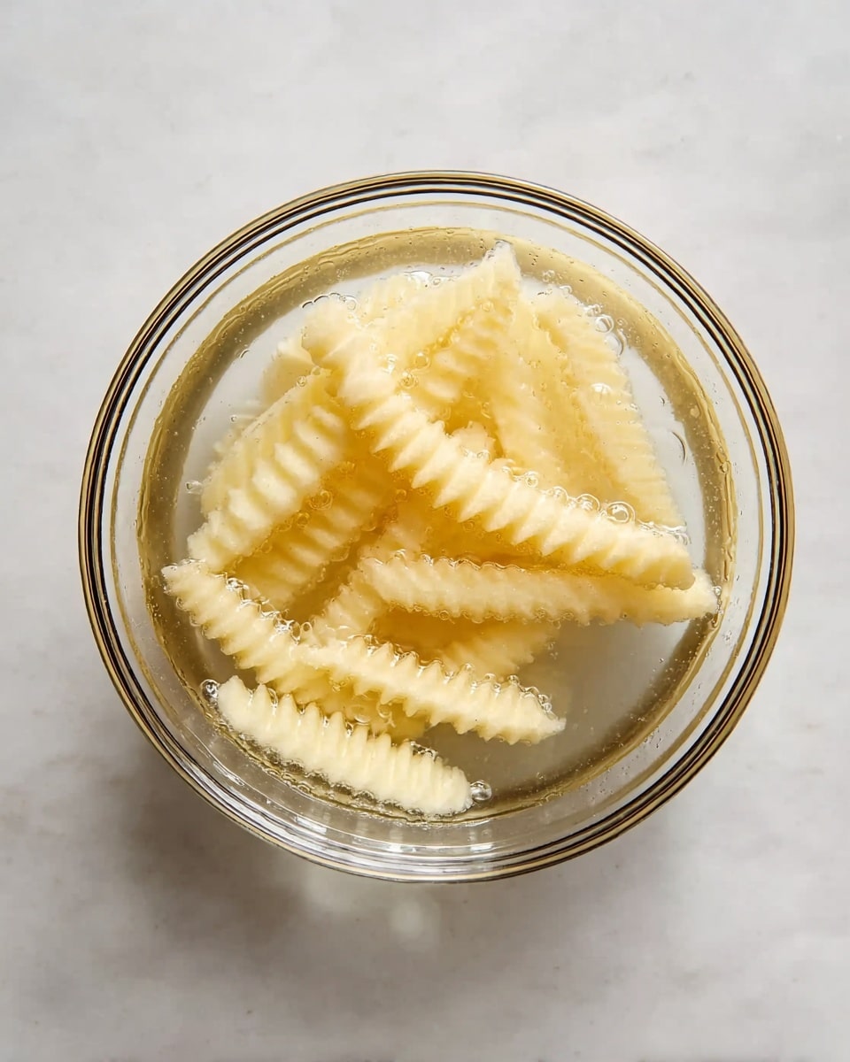 A clear glass bowl filled with water holds several pale yellow crinkle-cut potato sticks floating inside. The bowl rests on a white marbled surface. The potatoes show soft, wavy ridges along their edges, evenly spaced and partially submerged in the water, creating small bubbles around them. The overall look is simple and clean, focusing on the pale potatoes in water. Photo taken with an iphone --ar 4:5 --v 7