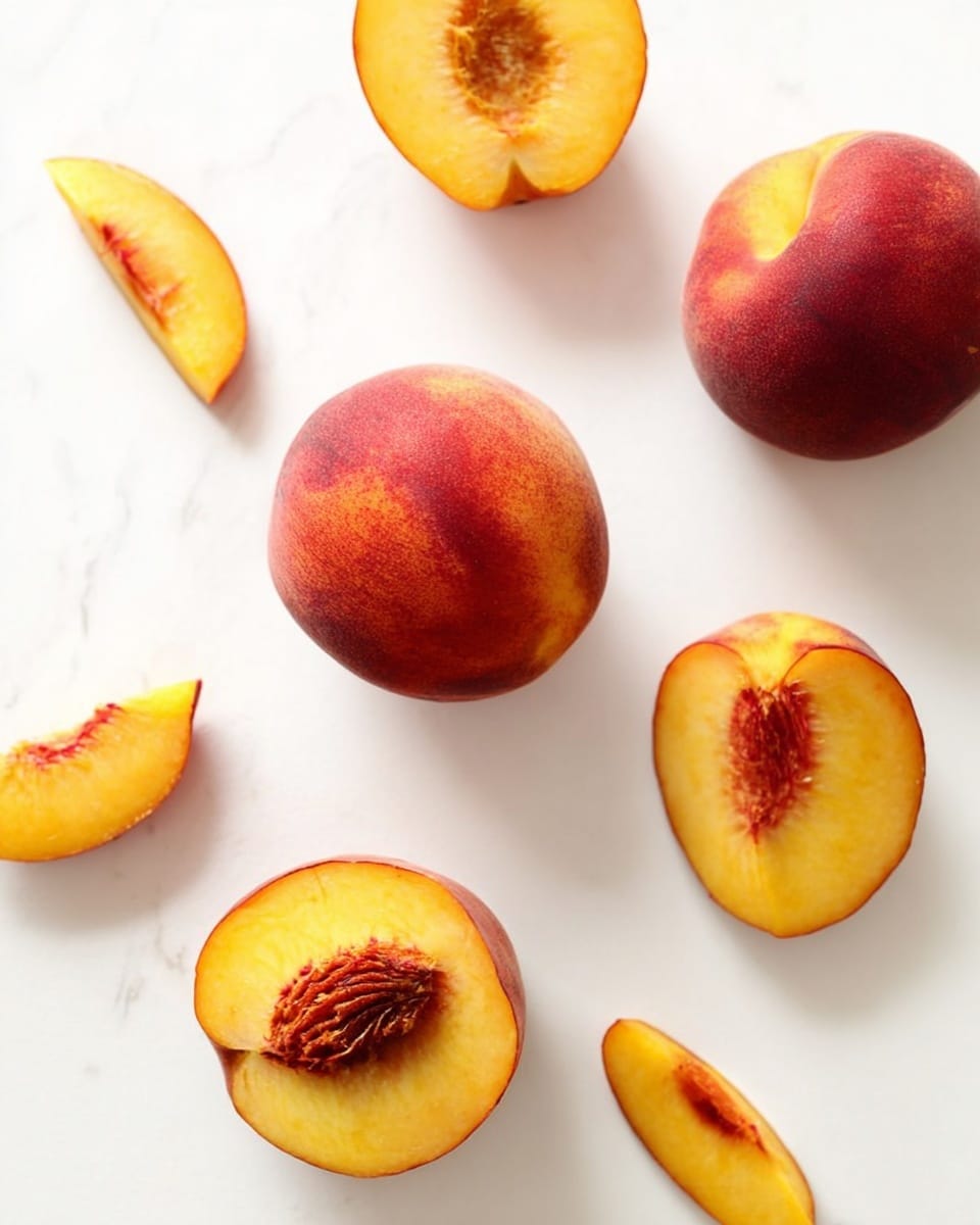 The image shows a white marbled surface with six pieces of ripe peaches scattered across it. There are two whole peaches, round with a smooth red and orange skin, positioned closer to the center and lower left. Around these, there are four peach halves and slices, showing their yellow-orange flesh and textured pits in some halves. The colors range from deep red and orange on the outside to bright yellow on the inside, with smooth skins and juicy textures clearly visible. The arrangement is simple and spaced out, highlighting the fresh peaches in natural light. photo taken with an iphone --ar 4:5 --v 7