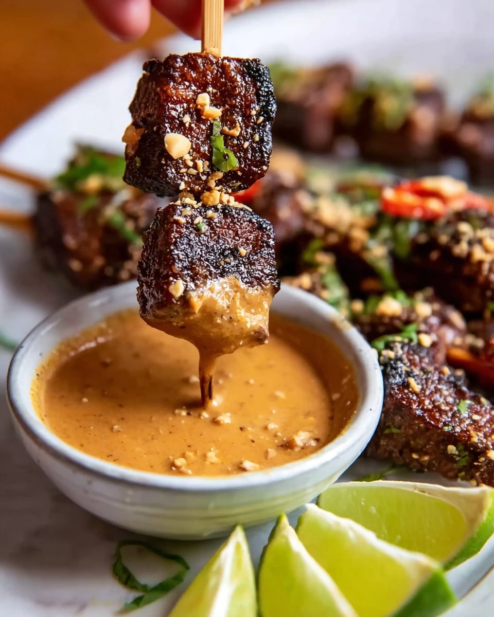 The image shows a white plate with six dark brown grilled meat skewers arranged side by side, with wooden sticks pointing outward. The meat is topped with bright red chili slices, green cilantro leaves, and crushed peanuts. Lime wedges, light green in color, are placed around the skewers on the plate's edges. To the left of the plate, there is a small white bowl filled with light brown peanut sauce, sprinkled with crushed peanuts. In the background, there is a white bowl with a fresh salad of bright red tomato slices and green cucumber slices. The entire scene sits on a white marbled surface. photo taken with an iphone --ar 4:5 --v 7