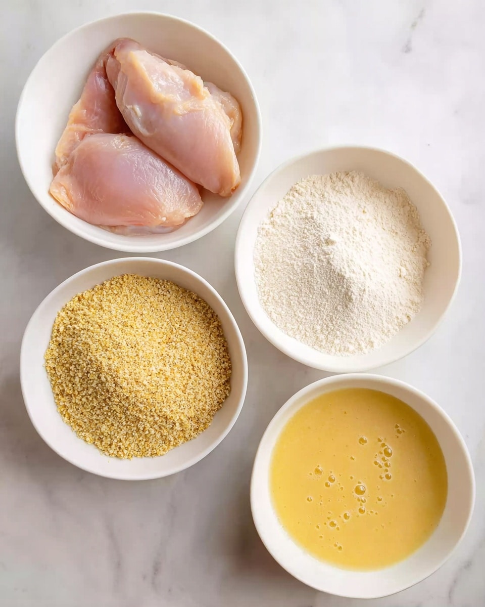 Four white bowls are placed on a white marbled surface, arranged in a loose square. The top left bowl holds two raw chicken pieces with a pale pink and light beige color, glossy texture; they are lying flat. The top right bowl contains a fine layer of white flour spread unevenly across the bowl's base. The bottom left bowl is filled with coarse, golden-yellow breadcrumbs covering a few chicken pieces partially buried underneath. The bottom right bowl has a smooth, yellow beaten egg mixture with small bubbles on the surface. photo taken with an iphone --ar 4:5 --v 7
