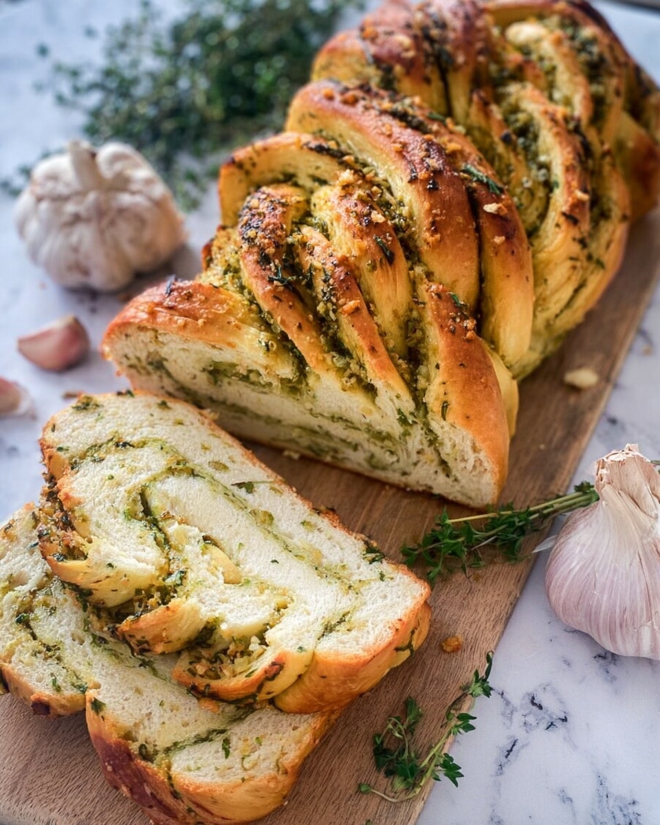 The image shows a loaf of twisted garlic and herb bread on a wooden board. The bread is braided with three thick layers twisted together, each layer pinkish-gold with herbs and garlic spread throughout. One thick slice is cut and laid down, showing off the soft, white inside with thin swirls of green herbs. There are fresh green herb sprigs and garlic bulbs placed around the bread, all on a white marbled surface. The bread has a crunchy crust with bits of toasted garlic and herbs on top. photo taken with an iphone --ar 4:5 --v 7