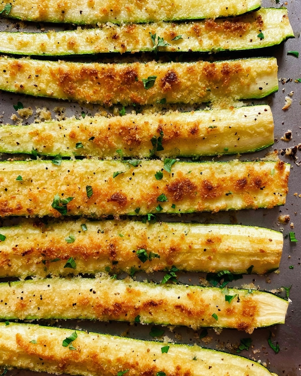 The image shows long, thin slices of zucchini arranged side by side on a baking sheet with a light golden crust on top. Each zucchini slice is a pale green with a soft, slightly browned surface and dark pepper specks scattered throughout. There is a layer of finely grated light brown cheese or breadcrumb on top, giving a crispy texture. Small bits of green herbs are sprinkled over the zucchini, adding color and freshness. The baking tray's metal surface contrasts softly with the light colors of the zucchini. photo taken with an iphone --ar 4:5 --v 7