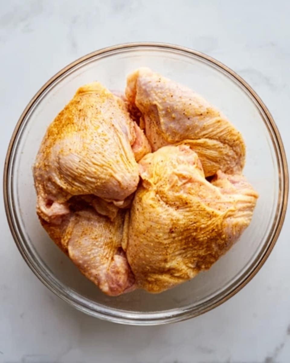 A clear glass bowl on a white marbled surface holds four pieces of raw chicken with skin on. The chicken pieces have a pale yellow to light brown color with some visible seasoning or spice spread evenly on the skin. The texture of the chicken skin is slightly rough with folds and creases. The pieces are layered loosely but stay mostly together in the bowl. photo taken with an iphone --ar 4:5 --v 7