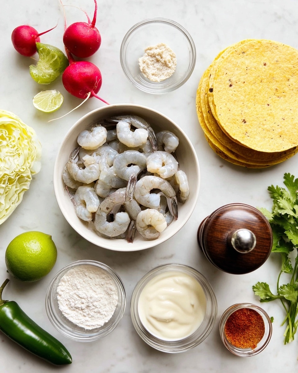 The image shows an arrangement of ingredients on a white marbled surface. In the center is a white bowl filled with peeled, raw shrimp that are light gray with hints of blue. To the right of the shrimp are three stacked yellow corn tortillas with a slightly rough texture. Below the tortillas is a dark brown wooden pepper grinder with metal accents. Surrounding these main items are smaller clear glass bowls, one with white flour, another with a creamy white sauce, one with mayonnaise, and one with oil. There are also fresh radishes with red tops and green stems, a whole green jalapeño, a wedge of pale green cabbage on the left, a bunch of green cilantro leaves near the cabbage, a whole green lime beside the tortillas, and a small glass bowl with reddish-orange seasoning. The items are neatly spaced and the photo looks bright and clean, photo taken with an iphone --ar 4:5 --v 7