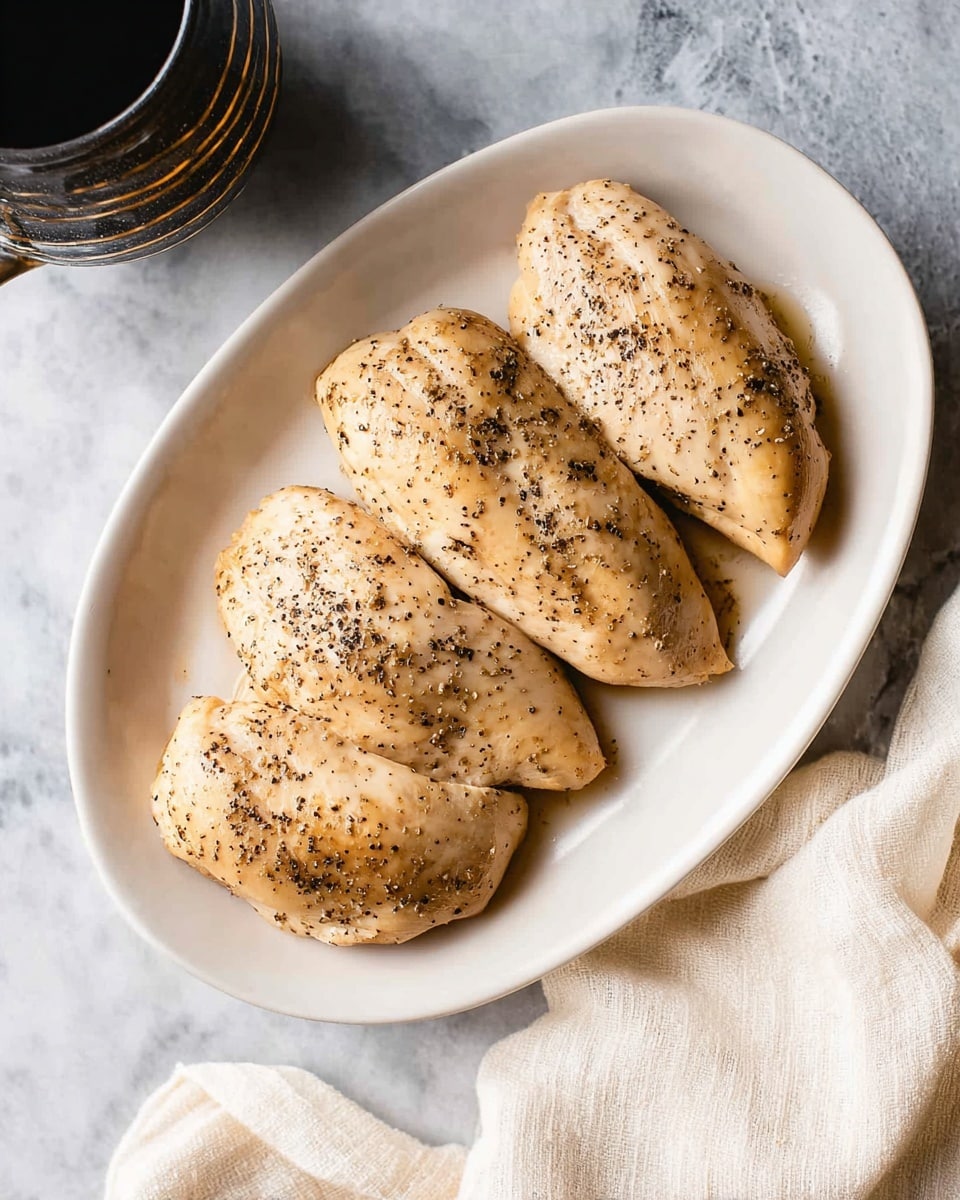 A white oval plate holds four cooked chicken pieces arranged side by side. Each chicken piece is light brown with a slightly golden hue and has visible black pepper sprinkled evenly on top. The texture looks tender and smooth with some natural lines and slight browning on the edges. The plate is placed on a white marbled surface, with a cream-colored cloth loosely folded next to it on the bottom right. In the upper left corner of the image, part of a black cup with golden details is partially visible. Photo taken with an iphone --ar 4:5 --v 7