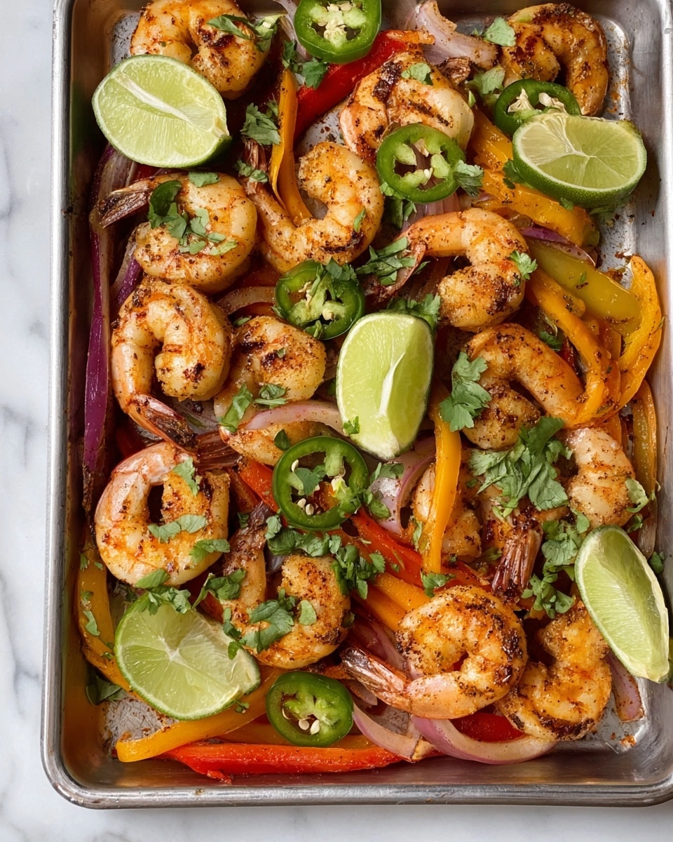A metal tray filled with cooked shrimp that are orange and slightly charred, layered on a bed of thin red and yellow bell pepper strips and light brown grilled onion slices. On top of the shrimp and vegetables, there are bright green jalapeno slices and fresh cilantro leaves scattered around. Four green lime wedges are placed evenly across the tray, adding a fresh touch. The tray sits on a white marbled surface. photo taken with an iphone --ar 4:5 --v 7