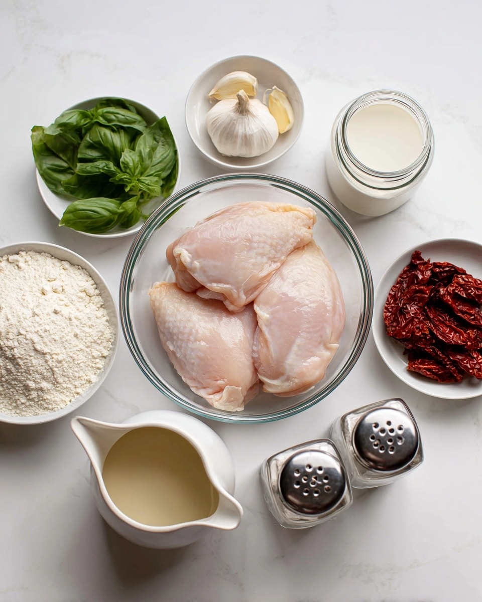 The image shows a clear glass bowl in the center with three raw chicken pieces, light pink in color and smooth in texture. Surrounding the bowl are several small white bowls with different ingredients: fresh green basil leaves in the top left, two whole garlic cloves below the basil, a bowl of white powdery flour below the garlic, and sun-dried tomatoes with a wrinkled deep red color on the top right. To the right of the chicken bowl, there is a glass jar with white cream and next to it are a salt shaker and a pepper shaker, both clear with silver tops. At the bottom center, there is a small white pitcher holding a light beige liquid. All items are arranged neatly on a white marbled surface. Photo taken with an iphone --ar 4:5 --v 7