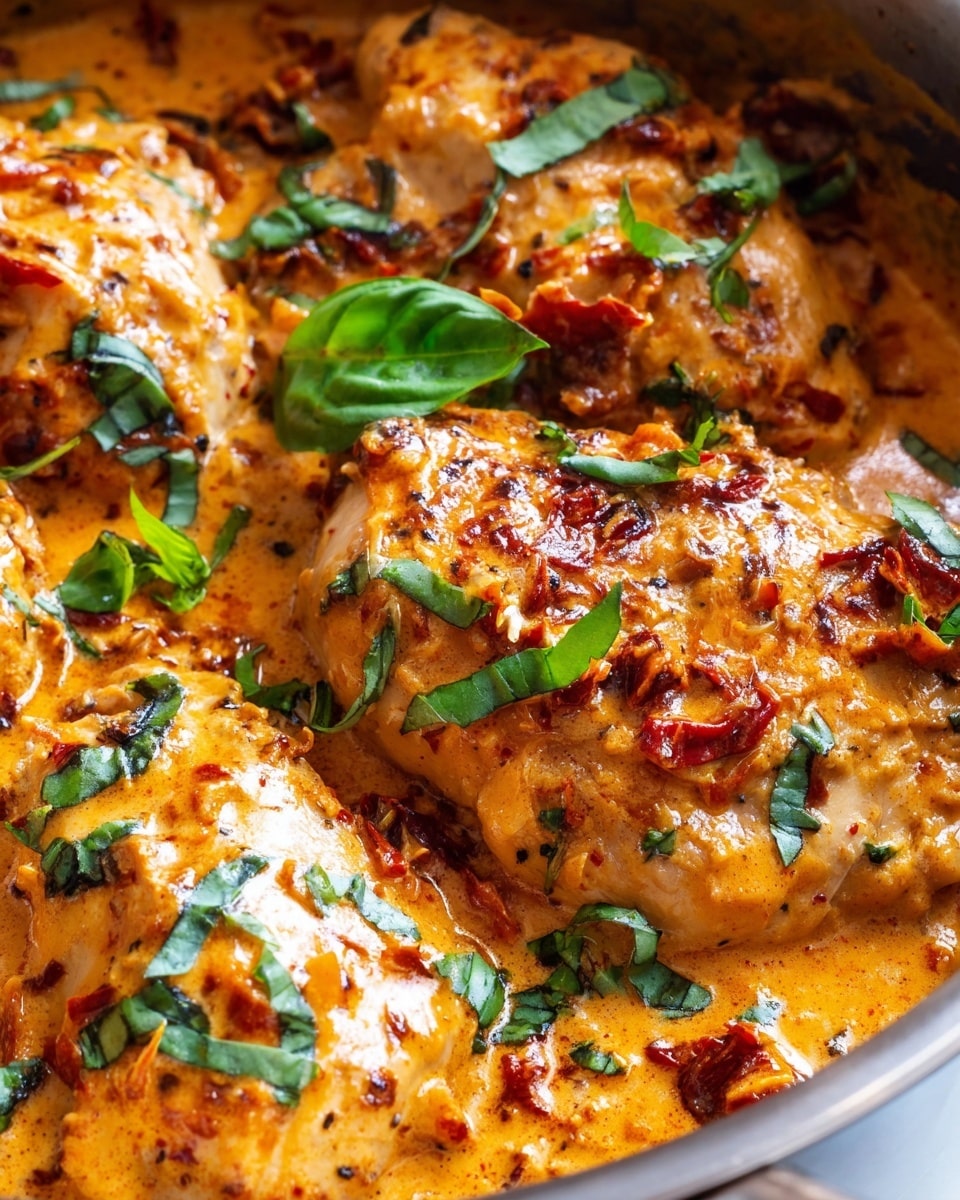 The image shows several large pieces of cooked chicken covered in a thick, creamy orange sauce with visible bits of red, likely from sun-dried tomatoes. Fresh green basil leaves are scattered on top, adding color and freshness. The chicken sits inside a shiny metal pan, with the sauce clinging to each piece and pooling slightly around them. The texture of the sauce looks rich and smooth, contrasting with the tender chicken beneath. The photo has a close-up view that highlights the details of each ingredient. Photo taken with an iphone --ar 4:5 --v 7