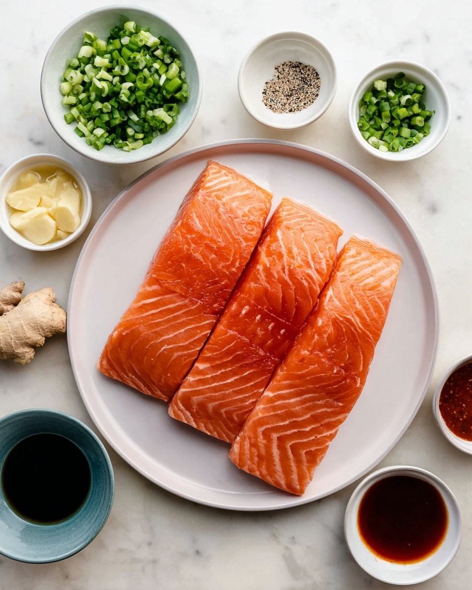 Three large pieces of bright orange salmon with white lines are placed side by side on a round white plate in the center. Around the plate are six small white bowls with different ingredients: one with chopped green onions, one with chopped garlic and two pieces of pale ginger, one with dark soy sauce, one with clear liquid, one with a rich reddish-brown sauce, and one small bowl holding a mix of salt and black pepper. All items are laid out on a white marbled surface. photo taken with an iphone --ar 4:5 --v 7
