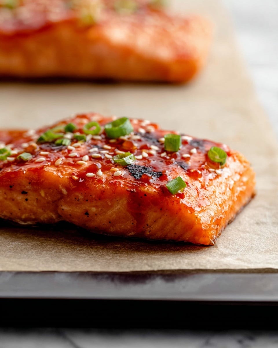A single grilled salmon fillet sits on parchment paper over a black metal tray with a white marbled surface below, showing a shiny, slightly textured orange-pink surface with small black grill marks. The top is coated in a glossy red-orange sauce and scattered with small white sesame seeds and finely chopped green onions. Another piece of salmon is blurred in the background, emphasizing the close-up focus on the front fillet, photo taken with an iphone --ar 4:5 --v 7