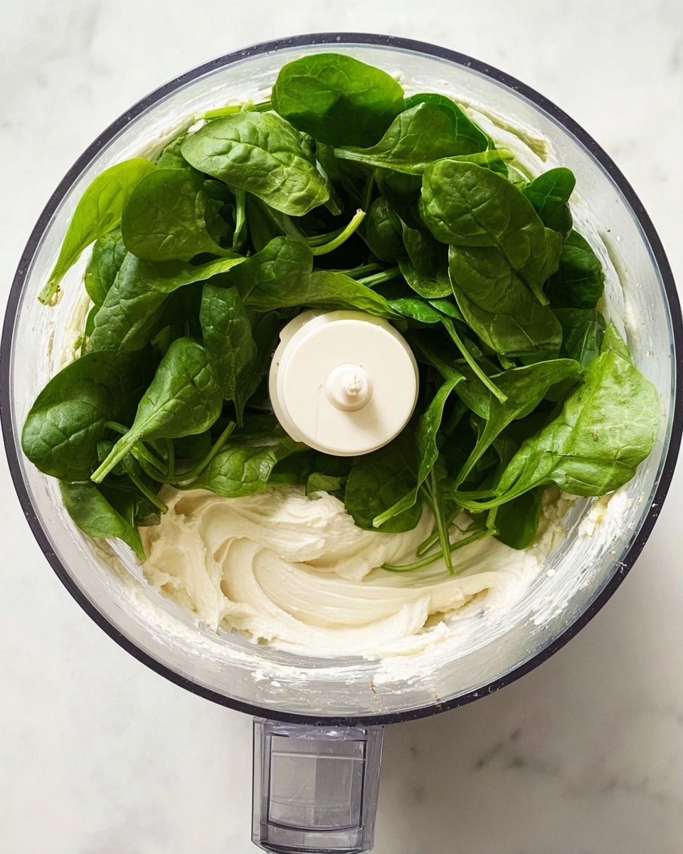 A clear food processor bowl is shown from above, containing a mix of two main layers: at the bottom, a creamy white spread with thick texture lines along the sides of the bowl, and on top, a fresh bunch of bright green spinach leaves loosely piled, showing their veiny texture and slightly curled edges. The white center blade spindle is visible in the middle, and the food processor handle appears transparent on the side. The background is a white marbled surface. photo taken with an iphone --ar 4:5 --v 7