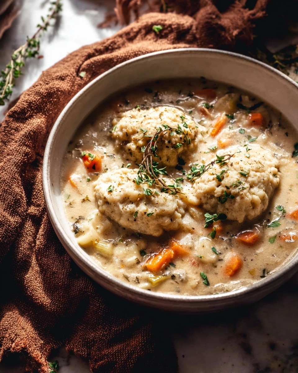 A white bowl filled with thick creamy stew with chunks of orange carrot and small green herbs scattered throughout. On top, there are three soft, light beige dumplings that look fluffy and slightly rough in texture, garnished with fresh green herb leaves. The bowl sits on a white marbled surface with a textured gray cloth partially visible on the left. Warm sunlight from the top left creates soft shadows and highlights on the dish, adding depth and a cozy feeling. Photo taken with an iphone --ar 4:5 --v 7