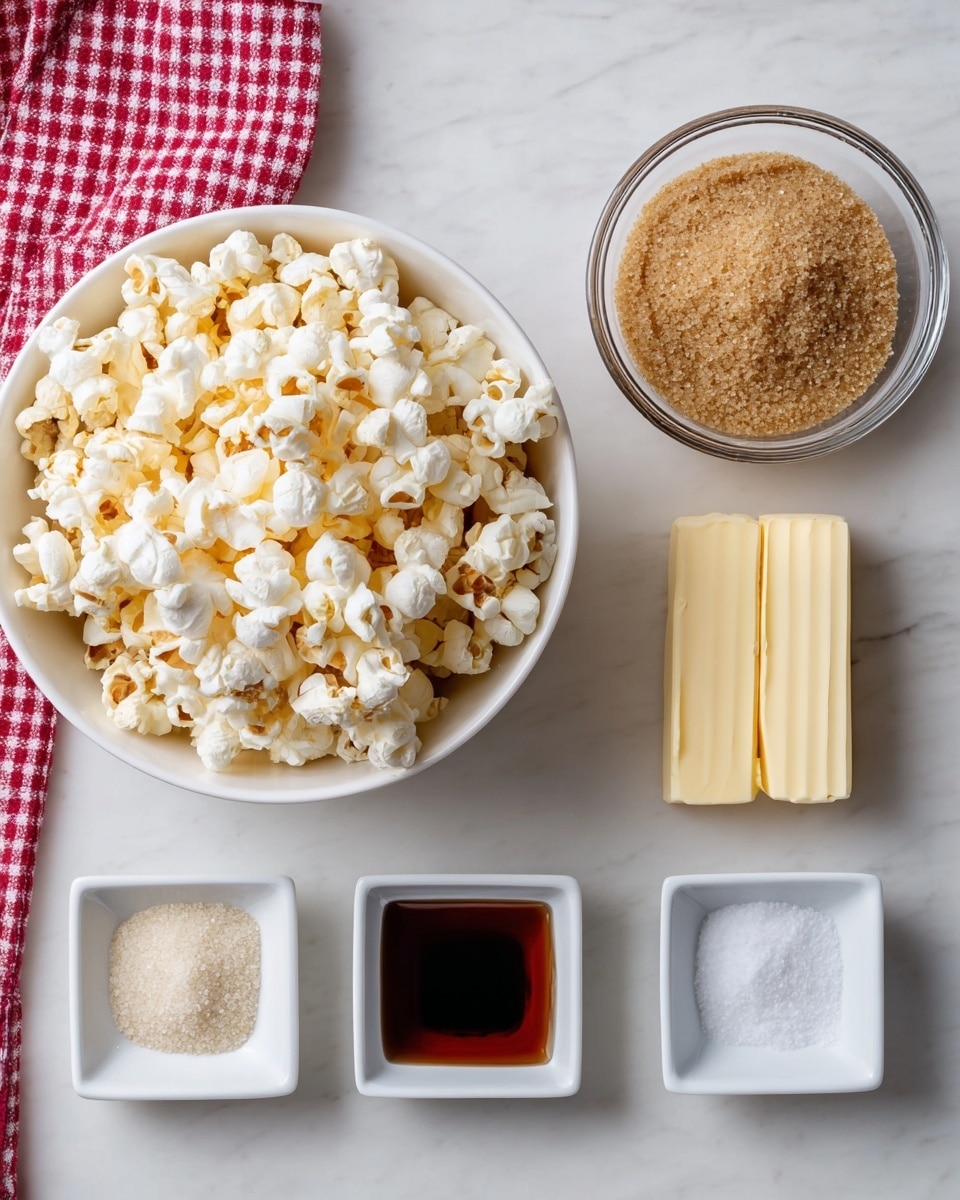 A white bowl filled with light yellow and white popped popcorn sits on a white marbled surface. Next to it, two rectangular sticks of pale yellow butter lie horizontally. Above the butter, a clear glass bowl holds light brown sugar with a coarse texture. At the bottom of the image, three small white square dishes are aligned side by side: the left one contains fine white powder, the middle one has a dark brown liquid, and the right one holds coarse white salt. A red and white checkered cloth is partially visible in the top left corner. Photo taken with an iphone --ar 4:5 --v 7