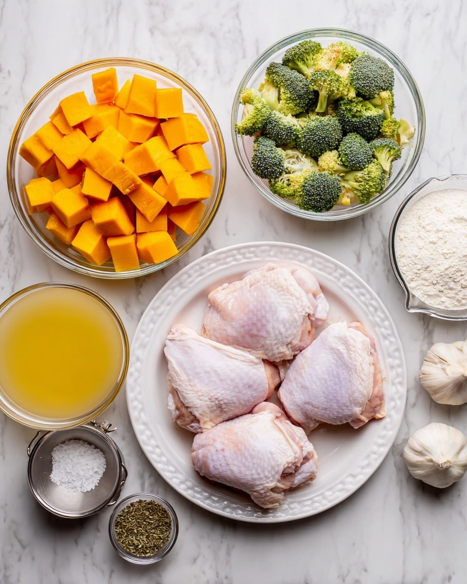The image shows a white plate in the center with three raw chicken thighs with skin, pale pink in color. Around the plate are clear glass bowls containing bright orange butternut squash cubes mixed with green broccoli florets, light yellow chicken broth, white cream, off-white flour, golden olive oil, small yellow cube of butter, finely chopped white onions in a measuring cup, and three light purple garlic cloves. There is also a small metal bowl with coarse salt and black pepper and another small glass bowl with dried green herbs. The background is a white marbled surface. photo taken with an iphone --ar 4:5 --v 7