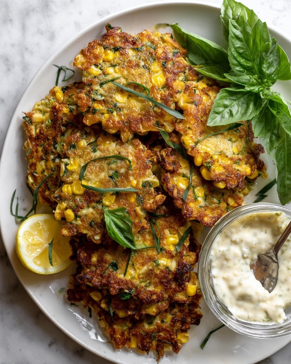 A white plate on a white marbled surface holds several golden-brown zucchini fritters with visible pieces of corn and green herbs mixed in; the fritters are topped with thin strips of green basil leaves. In the center of the plate, there is a small glass bowl filled with a pale green dipping sauce sprinkled lightly with black pepper. Next to the bowl, fresh whole basil leaves are placed, adding a vibrant green color. At the edge of the plate, a lemon wedge provides a bright yellow accent. photo taken with an iphone --ar 4:5 --v 7