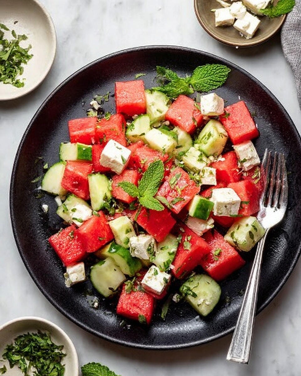 The image shows a black plate on a white marbled surface, filled with a salad made of bright red watermelon cubes, pale green cucumber cubes, and small white cheese cubes. The salad is topped with fresh green mint leaves and finely chopped herbs scattered over the top. A silver fork rests on the right side of the plate. Around the main plate, there are small white dishes with more cubes of white cheese and chopped herbs. The colors are fresh and vibrant, with a mix of green, red, and white against the black plate. photo taken with an iphone --ar 4:5 --v 7
